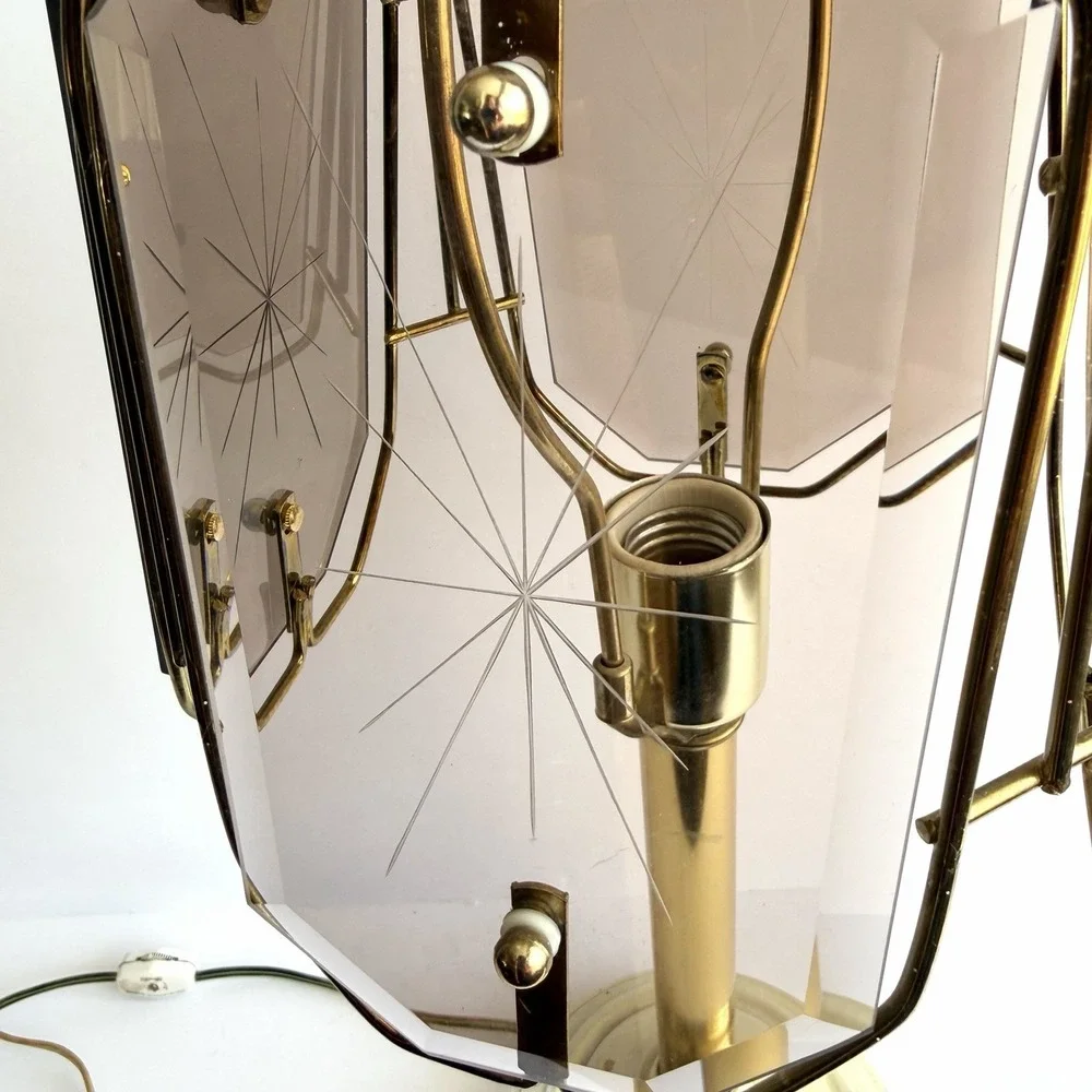 Mcm Starburst Etched Smoky Glass Panel Brass Frame Table Top Accent‎ Lamp VTG